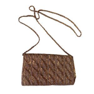Brown Beaded Evening Clutch Crossbody Purse Shoulder Bag